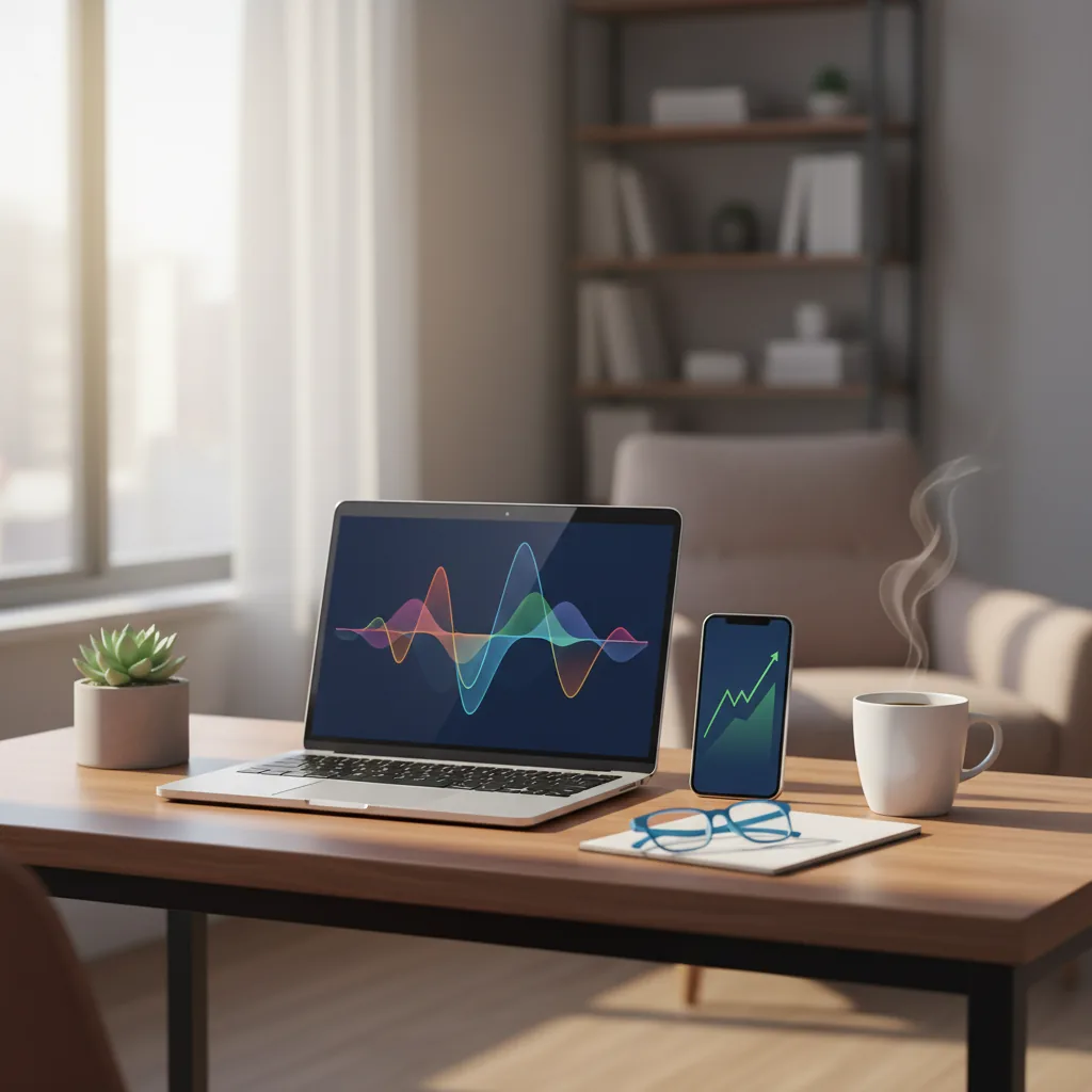 Ilustração de um ambiente de trabalho doméstico moderno com notebook, smartphone e elementos que simbolizam crescimento financeiro digital.
