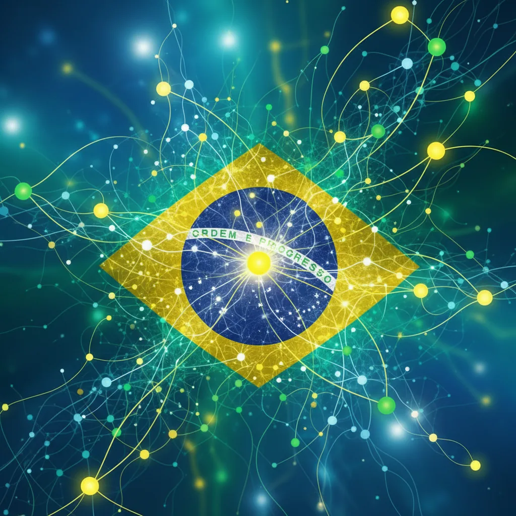 Representação abstrata de inteligência artificial destacando conexões de dados para citação de empresas brasileiras