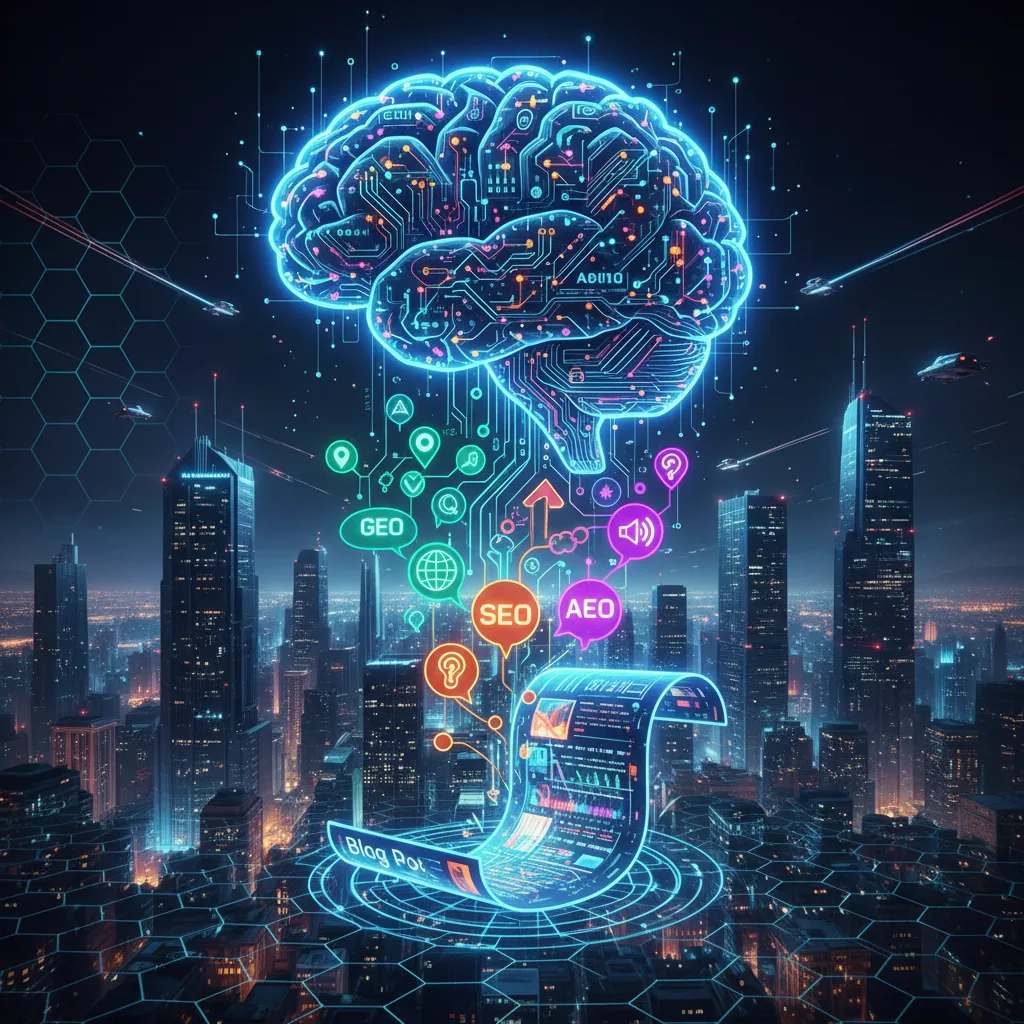 Cérebro de inteligência artificial gerando conteúdo para blog, otimizado para SEO, GEO e AEO, com fundo de cidade futurista.