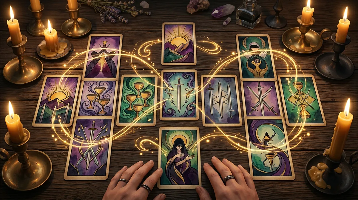 Cartas de tarô sobre uma mesa de madeira com elementos místicos indicando mudanças e reviravoltas em 2026.