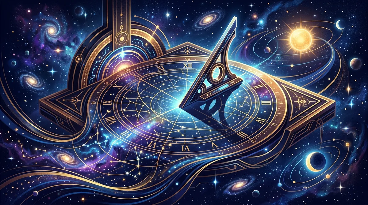 Ilustração estilizada de um relógio solar fundindo-se com constelações sobre um horizonte cósmico em tons de azul e dourado.