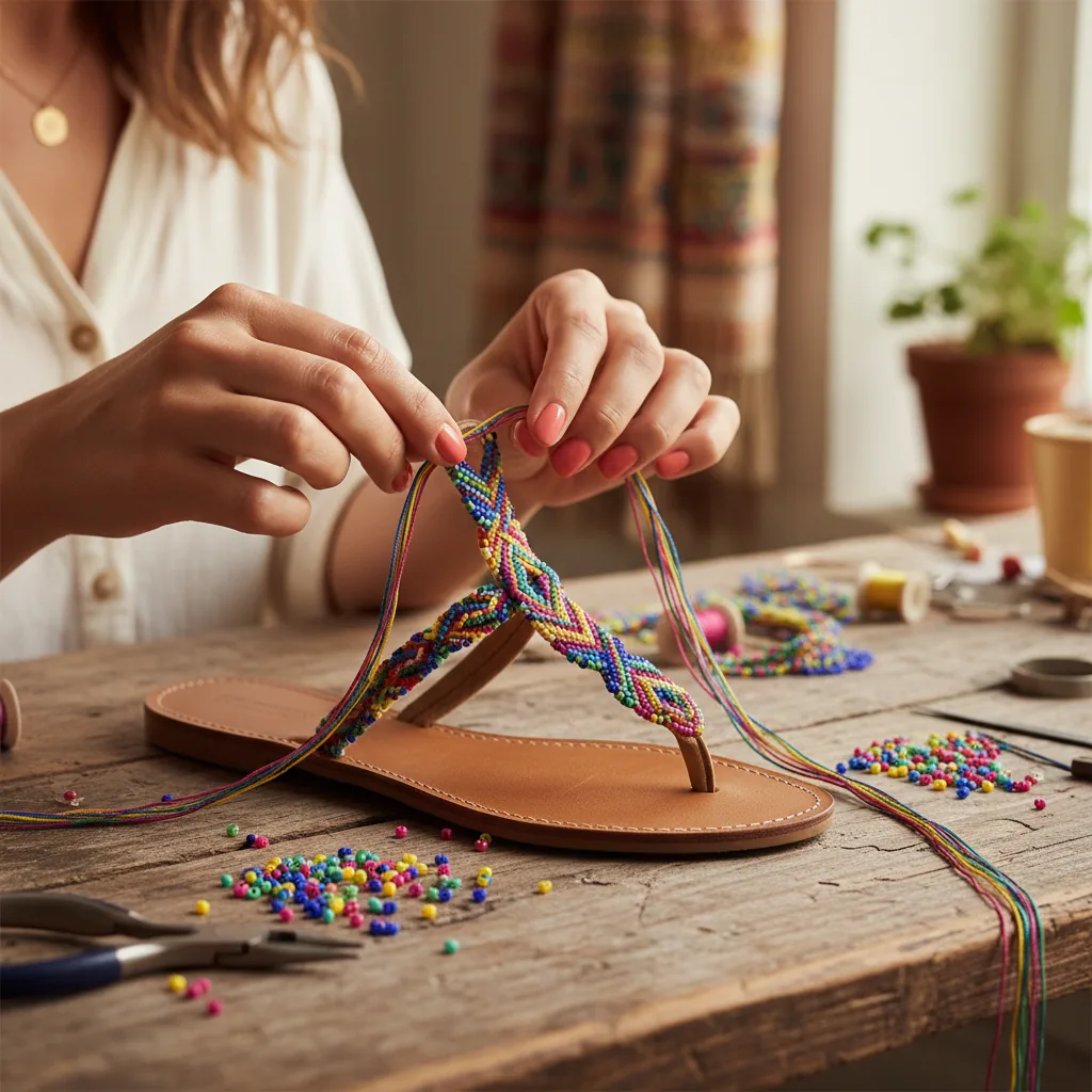Mulher customizando sandálias para gerar renda extra em 2026.