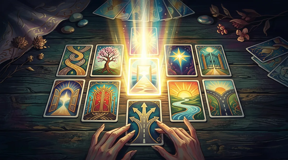 Representação artística de um baralho de Tarô com a carta do Louco sendo iluminada por uma luz intensa, simbolizando novos começos.