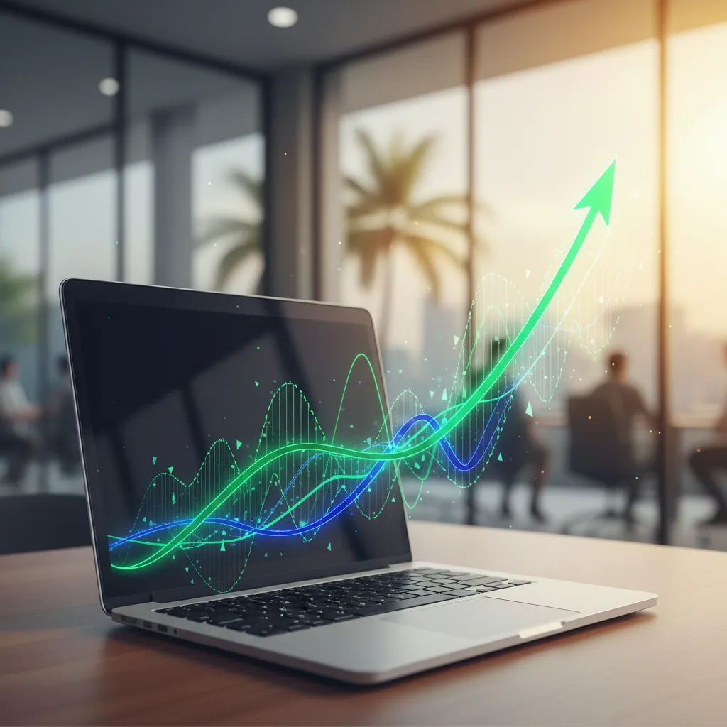 Ilustração de um gráfico de crescimento orgânico em um monitor de computador em um escritório brasileiro moderno, simbolizando o sucesso do tráfego orgânico para empresas brasileiras.