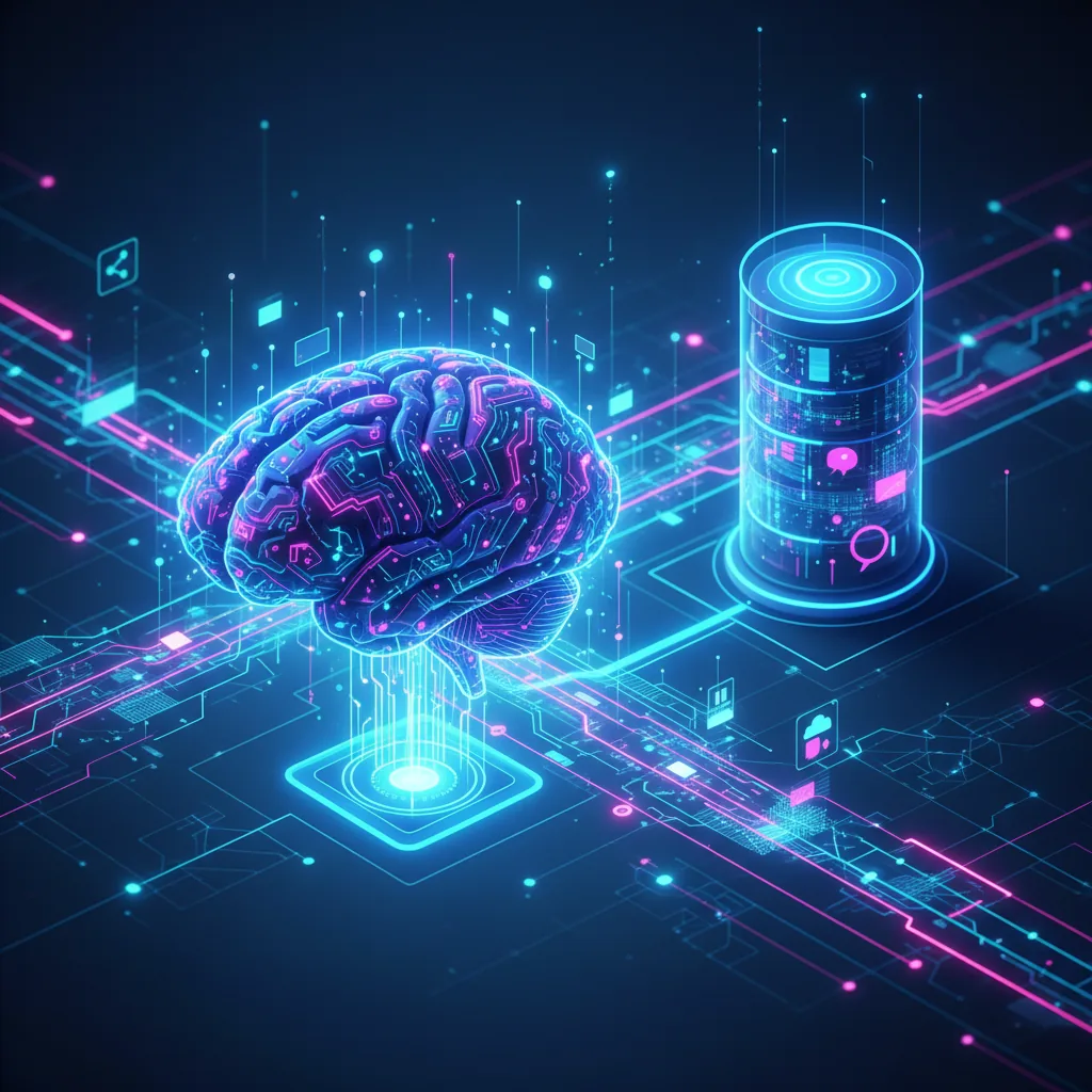 Cérebro de inteligência artificial conectado a um servidor de blog com fluxo de dados