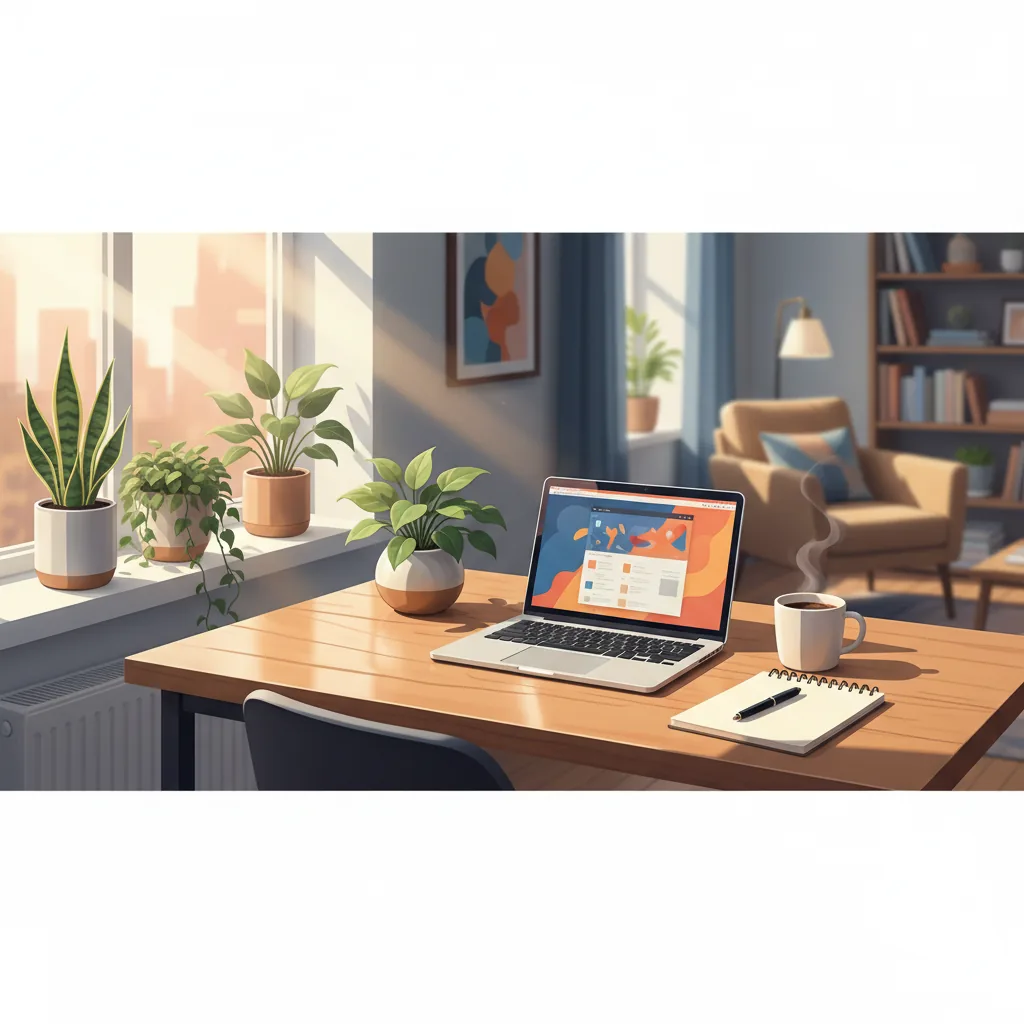 Ambiente de trabalho organizado em casa com notebook, café e luz natural, representando como trabalhar em casa e ganhar dinheiro.