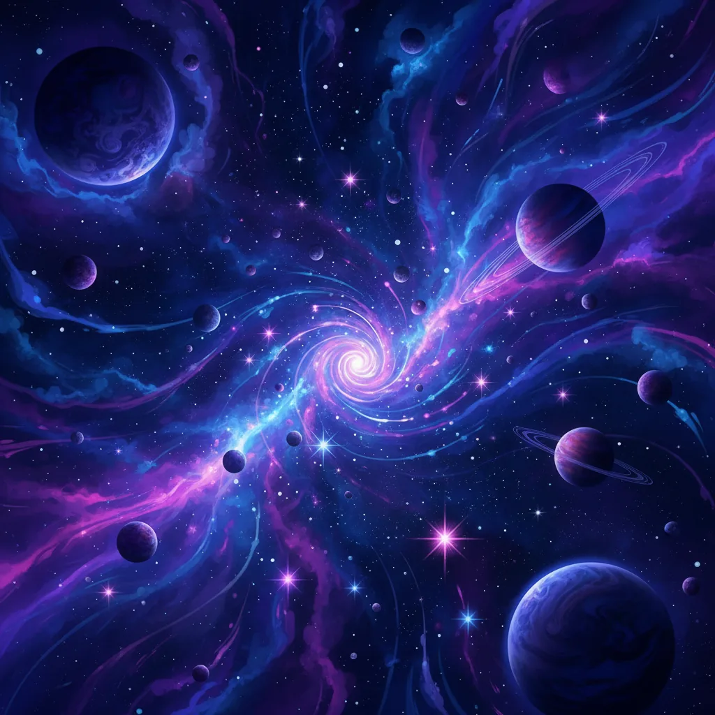 Ilustração etérea e mística de um mapa celestial com estrelas e planetas interconectados, linhas energéticas sutis, em tons de azul e roxo, representando a astrologia.