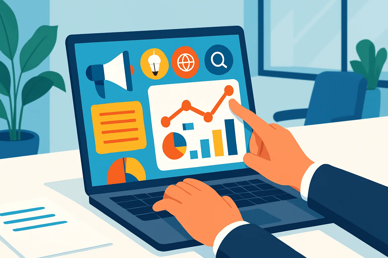 Escolha de palavras-chave para blog empresarial ilustrada com gráficos e análise digital