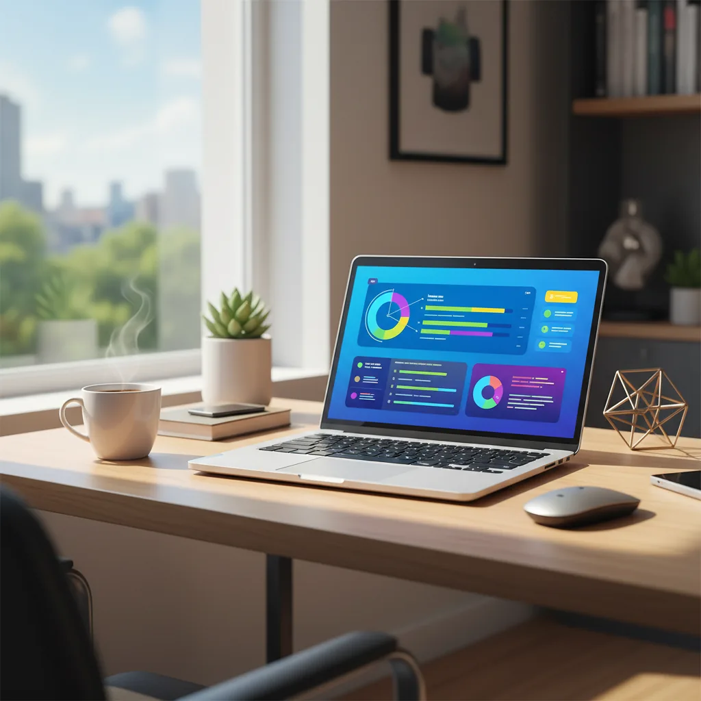 Escritório em casa moderno com laptop mostrando plataformas de trabalho freelancer e café ao lado.
