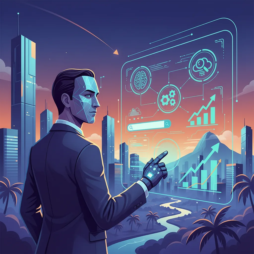 Empresário brasileiro olhando painel digital com ícones de IA, representando AEO e GEO para PMEs em 2026.