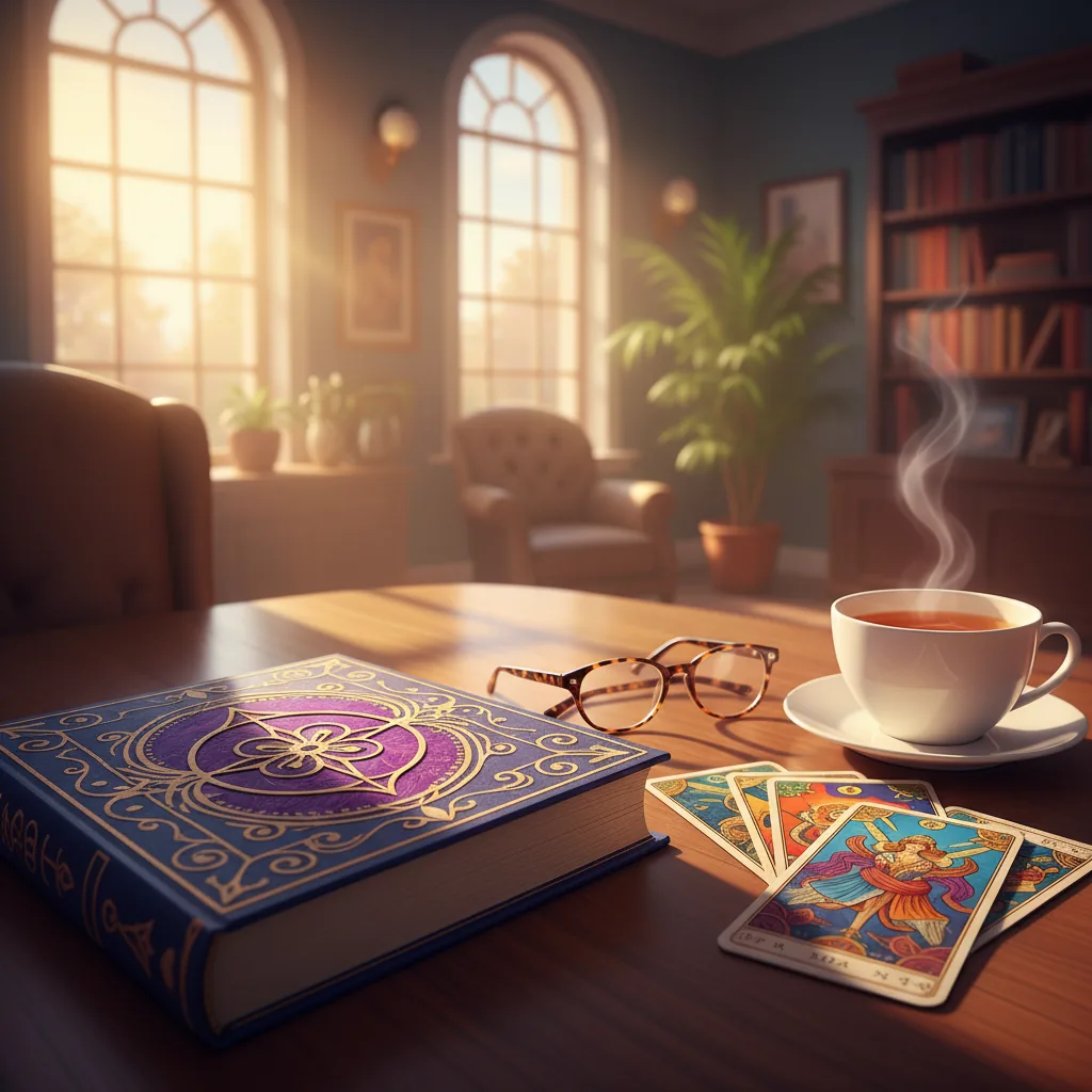 Psicóloga baiana analisando cartas de tarô em um consultório moderno com livros ao fundo.