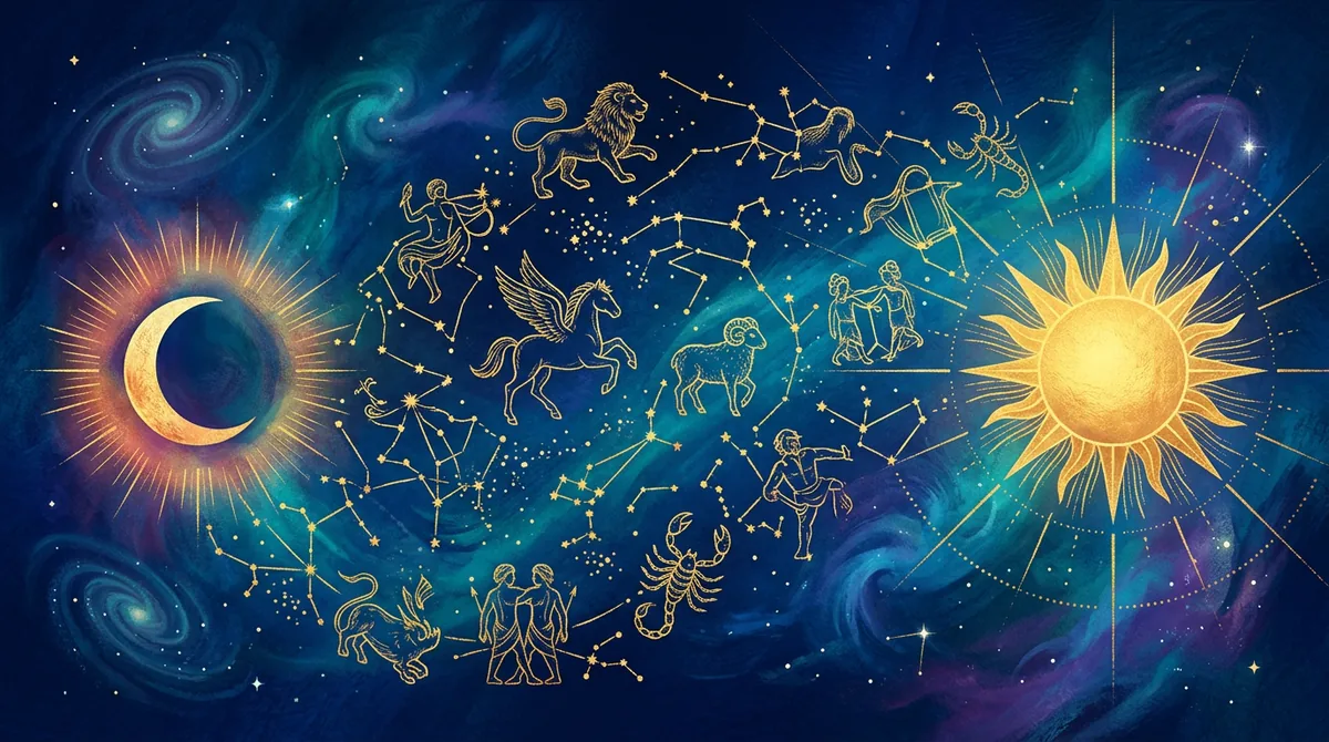 Ilustração estilizada de uma bússola celestial com constelações e elementos astronômicos em tons de azul e dourado.