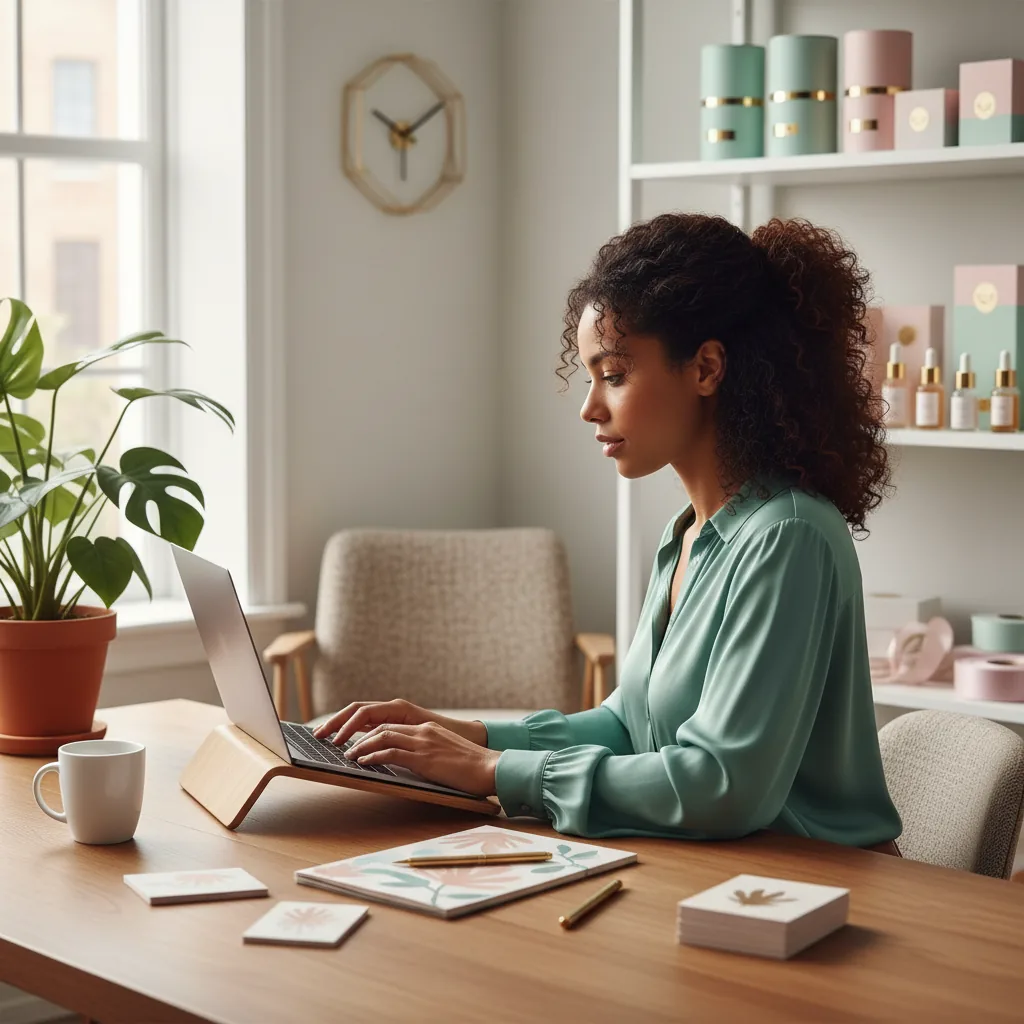 Mulher brasileira em seu escritório em casa, trabalhando em um notebook e organizando produtos de artesanato, representando renda extra feminina em 2026.