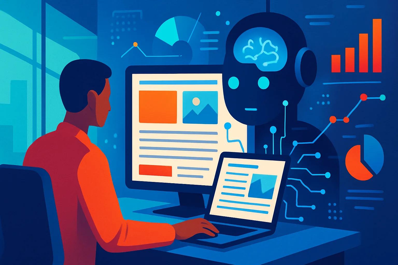 agência de conteúdo ou automação com IA ilustrando tecnologia digital e marketing para PMEs