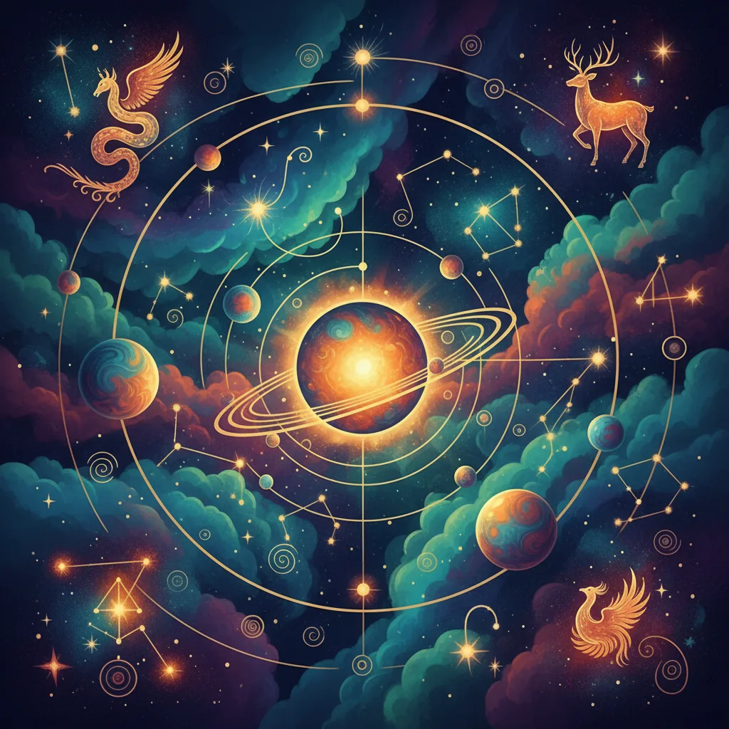 Gráfico celestial místico com constelações e planetas, representando as verdades ocultas da astrologia em 2026