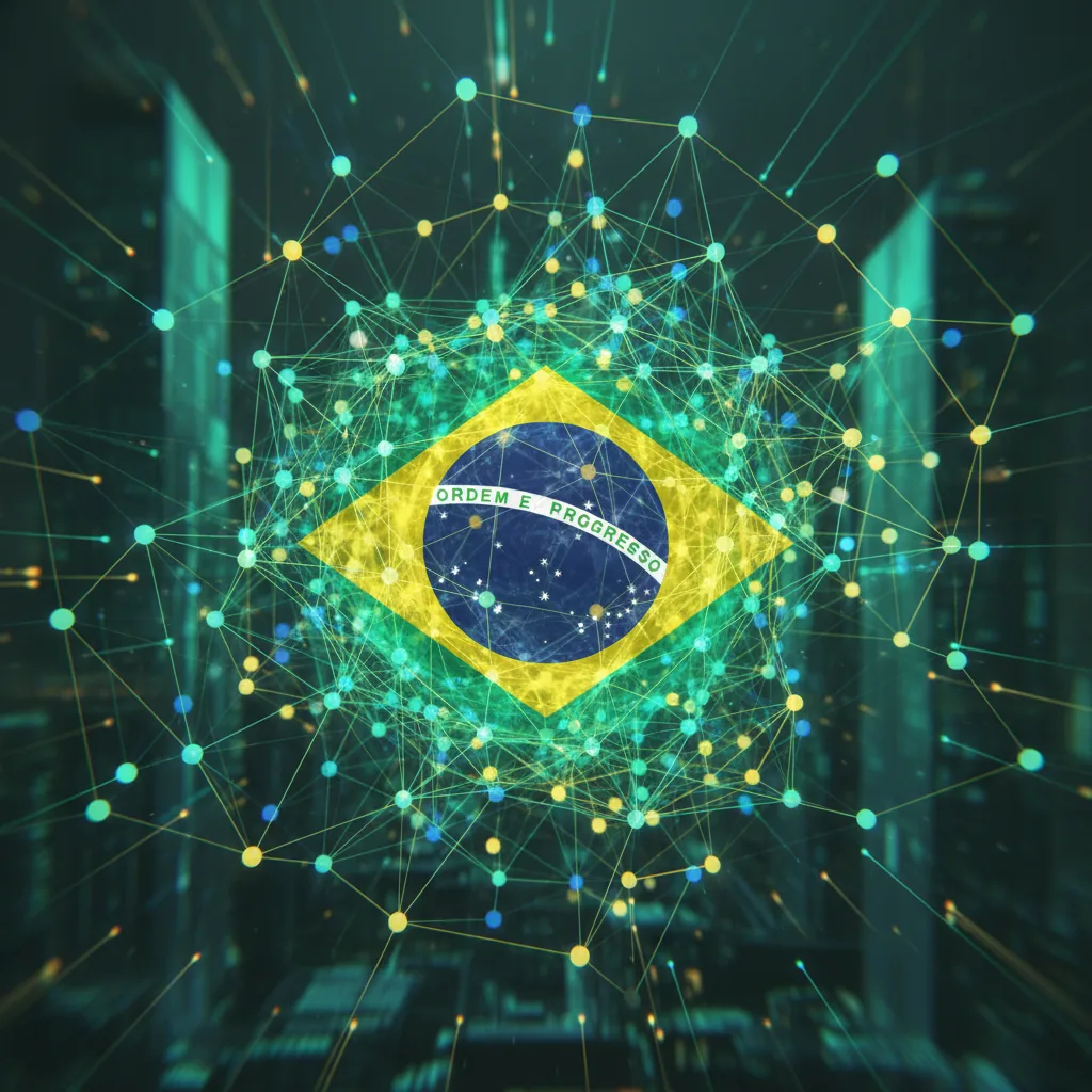 Rede neural futurista representando o aprendizado de IA e a construção de conhecimento, com pontos de dados conectados e cores sutis da bandeira brasileira.