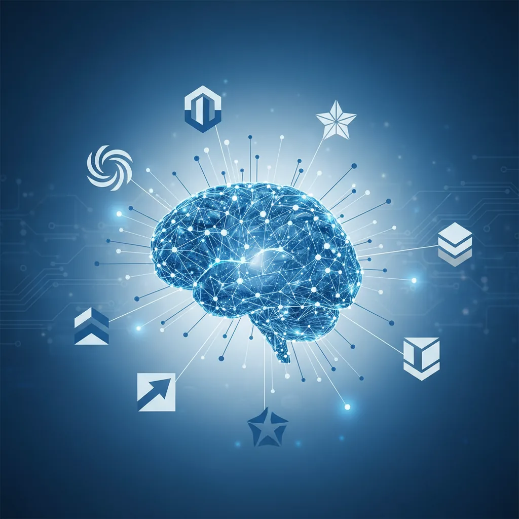 Um cérebro de rede neural se conectando a logotipos de empresas, ilustrando o conceito de AEO e GEO (otimização para IA).