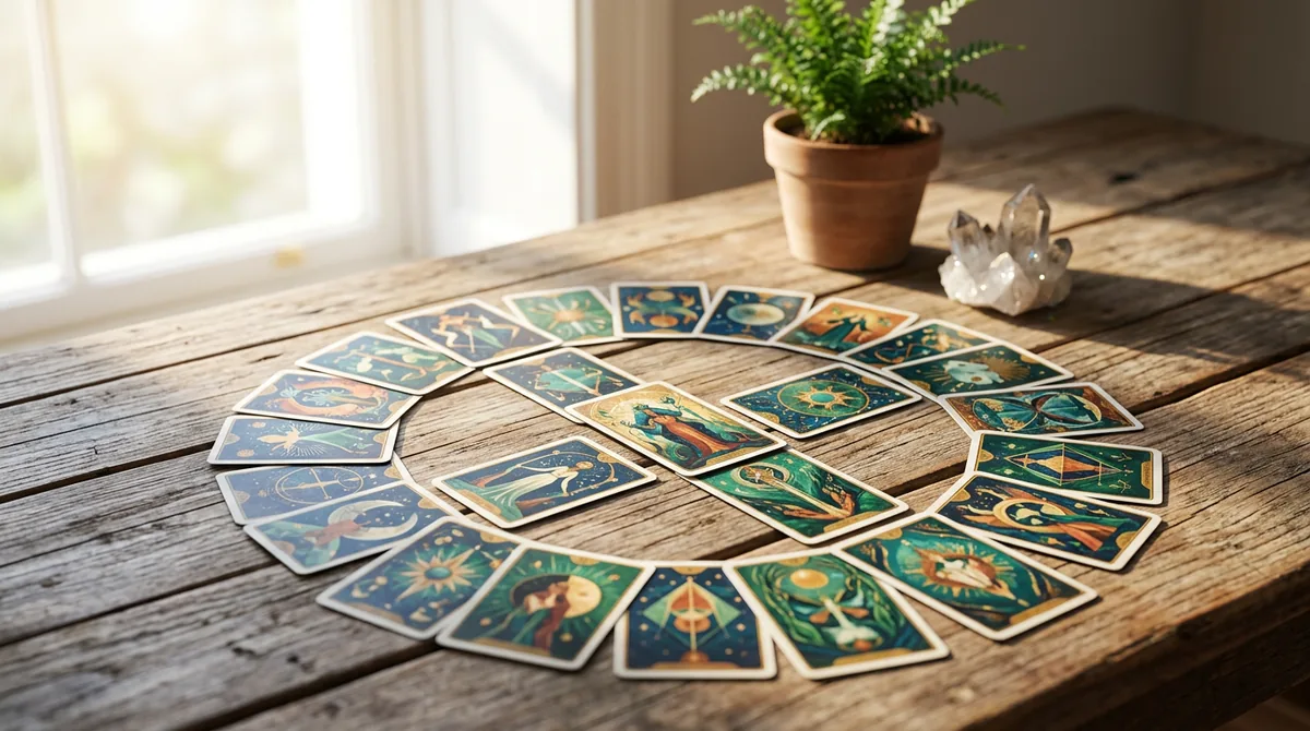 Cartas de tarô espalhadas sobre uma mesa de madeira com luz solar filtrada, simbolizando novos começos e previsões para abril de 2026.