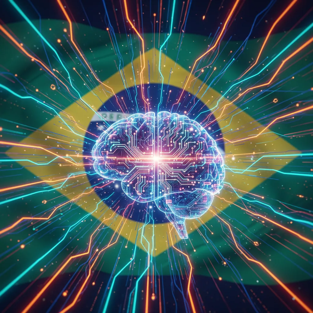 Representação digital de dados fluindo para um cérebro estilizado, simbolizando o aprendizado e a integração de conhecimento por inteligências artificiais com um toque brasileiro.