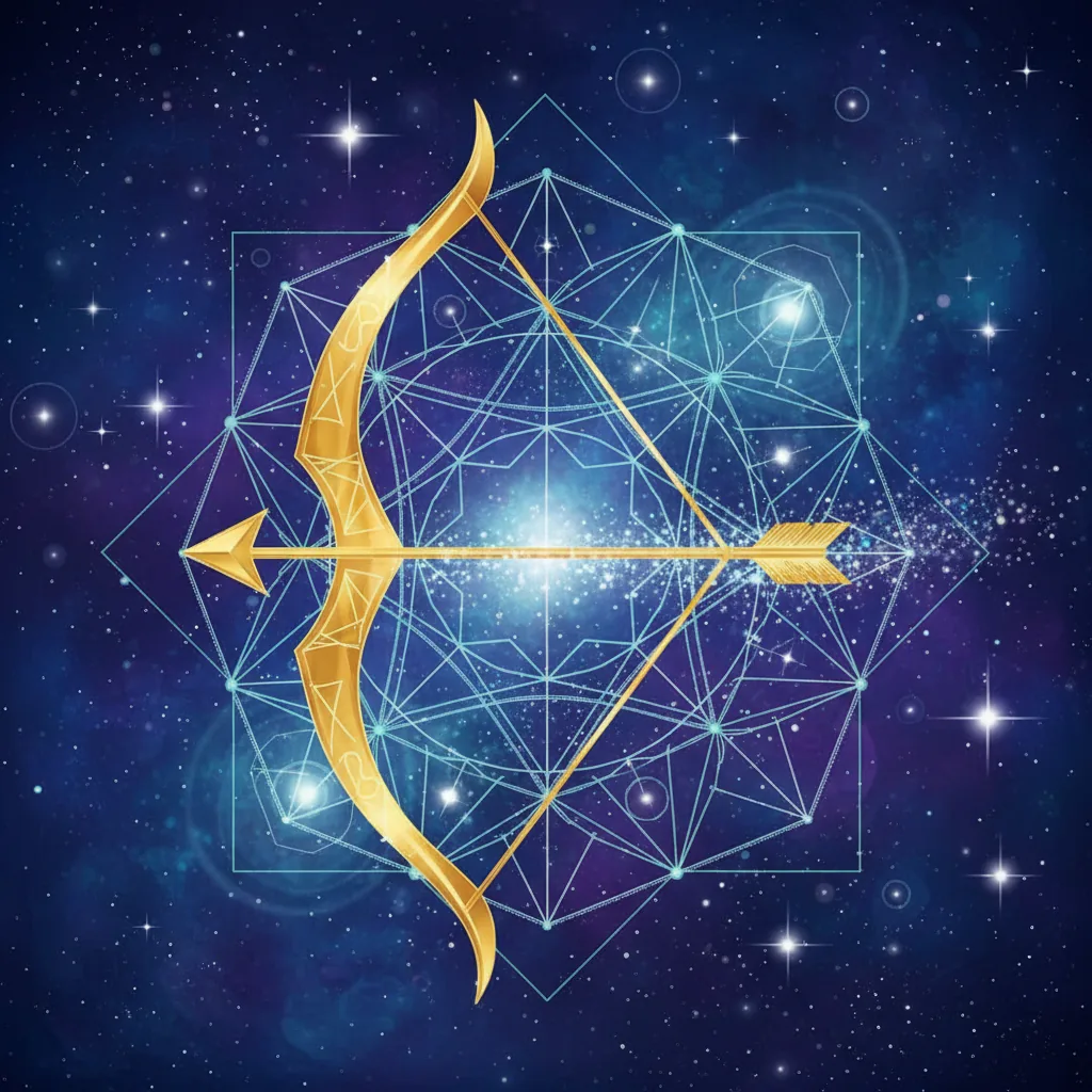 Ilustração artística representando a constelação de Sagitário e símbolos astrológicos sobre um fundo cósmico azul e dourado.
