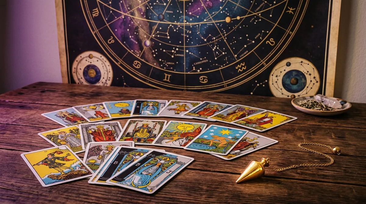 Representação mística de cartas de tarô sobre uma mesa com elementos astrológicos e luz suave simbolizando as previsões de 2026.