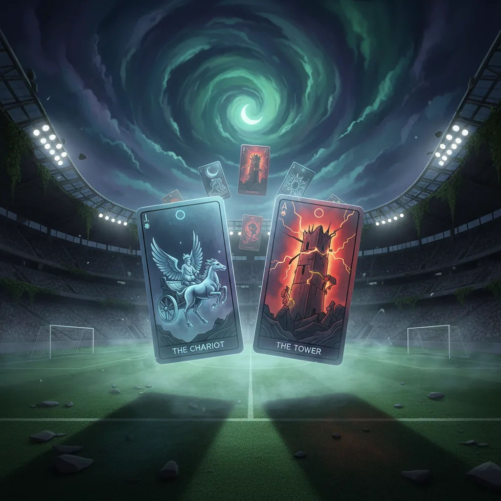Representação mística do tarô para o jogo entre Santos e Atlético-MG em 2026, com cartas flutuando sobre um estádio de futebol.