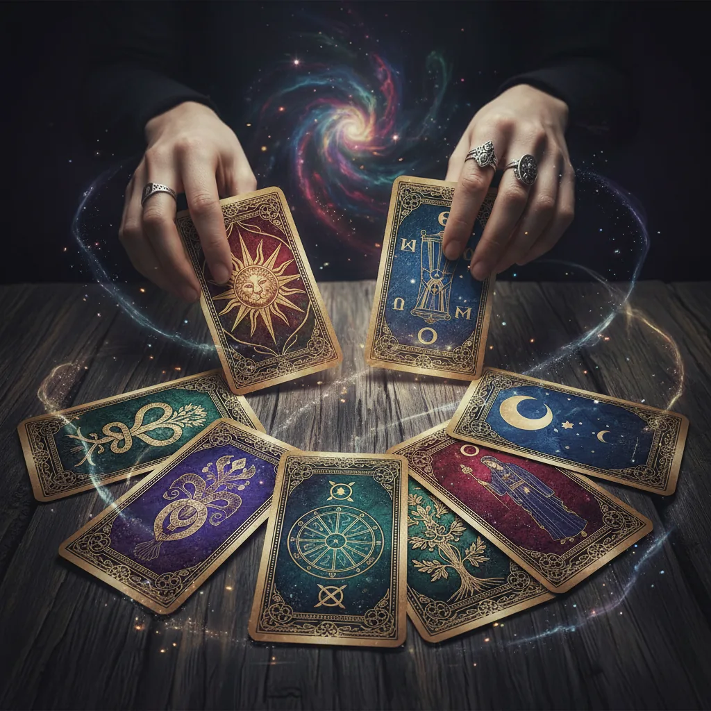 Mãos interagindo com cartas de Tarô em uma mesa escura, em meio a uma luz mística.