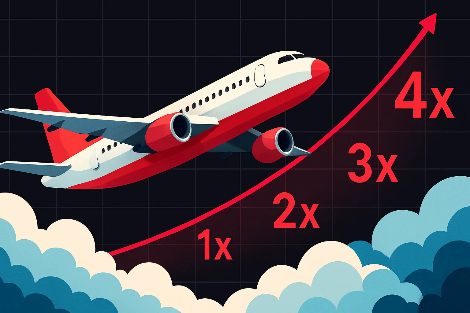 Ilustração do jogo Aviator com avião e multiplicadores digitais