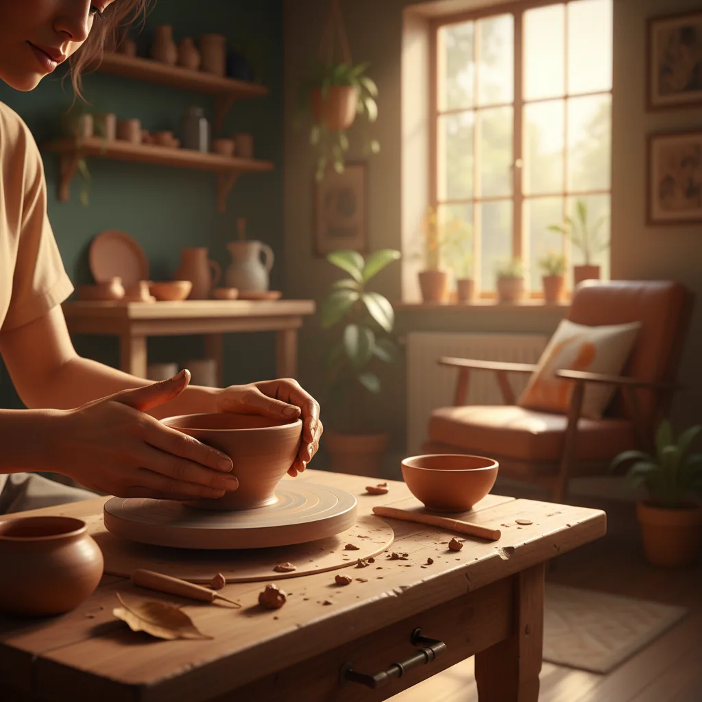 Detalhe de mãos de uma mulher criando uma peça de arte em cerâmica, ilustrando o tema de arte como renda extra para mulheres.