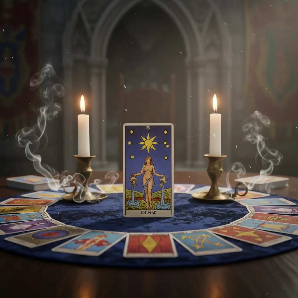 Close-up de cartas de Tarô espalhadas sobre uma mesa, com a carta da Estrela em destaque, simbolizando as revelações do Tarô.