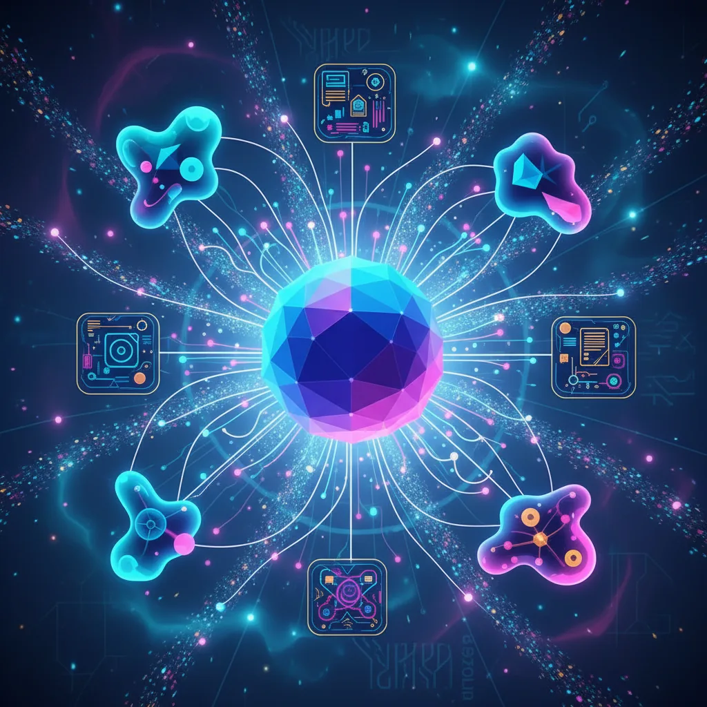 Ilustração conceitual de AEO e GEO, mostrando como uma empresa se conecta a IAs como ChatGPT e Gemini para ser citada.
