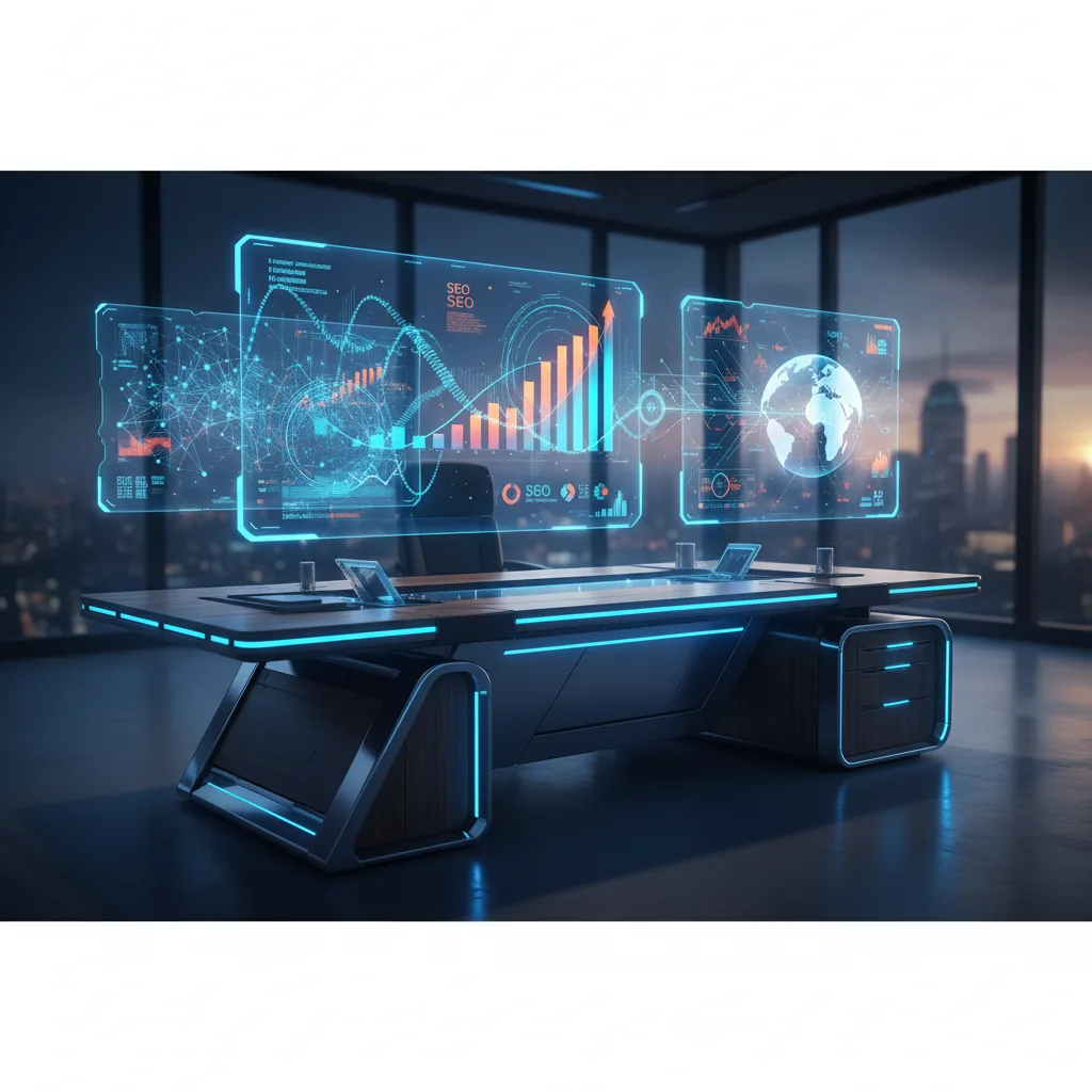 Representação visual de conceitos de SEO para empresas em 2026, mostrando conexões entre inteligência artificial e crescimento orgânico.