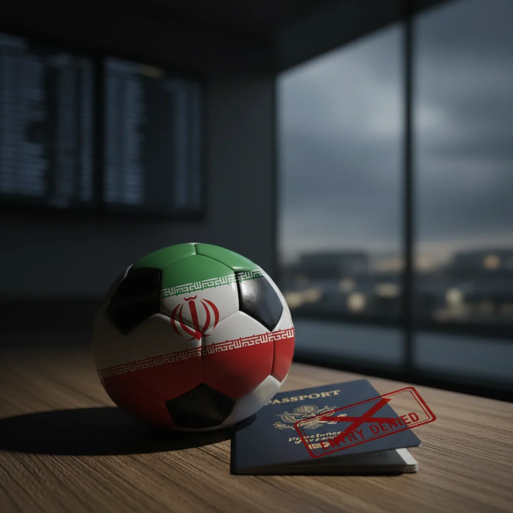 Bola de futebol com a bandeira do Irã ao lado de um passaporte com carimbo de negado, ilustrando o problema do visto para a Copa 2026.