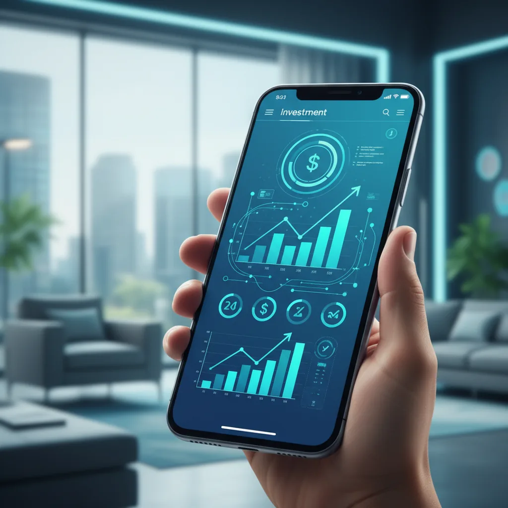 Smartphone exibindo gráficos financeiros digitais e interface de corretora de investimentos moderna em 2026.