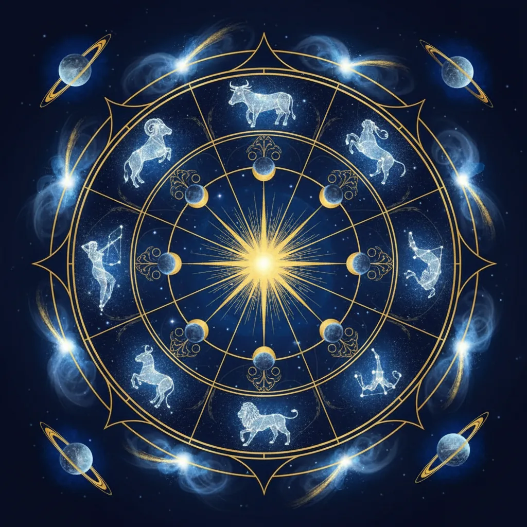 Roda do zodíaco com símbolos dos signos e planetas, representando um guia de astrologia para 2026.