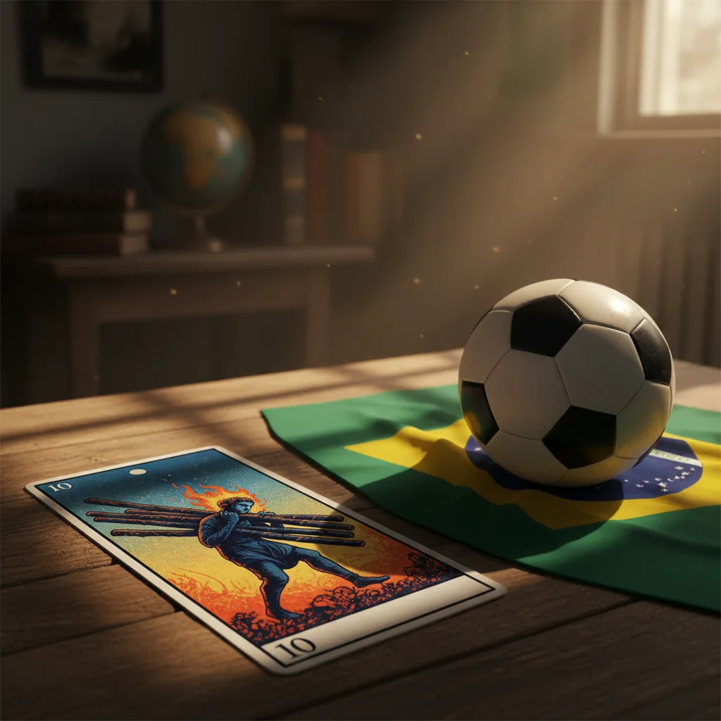 Análise do tarô de Neymar para a Copa 2026, com a carta Dez de Paus em destaque.