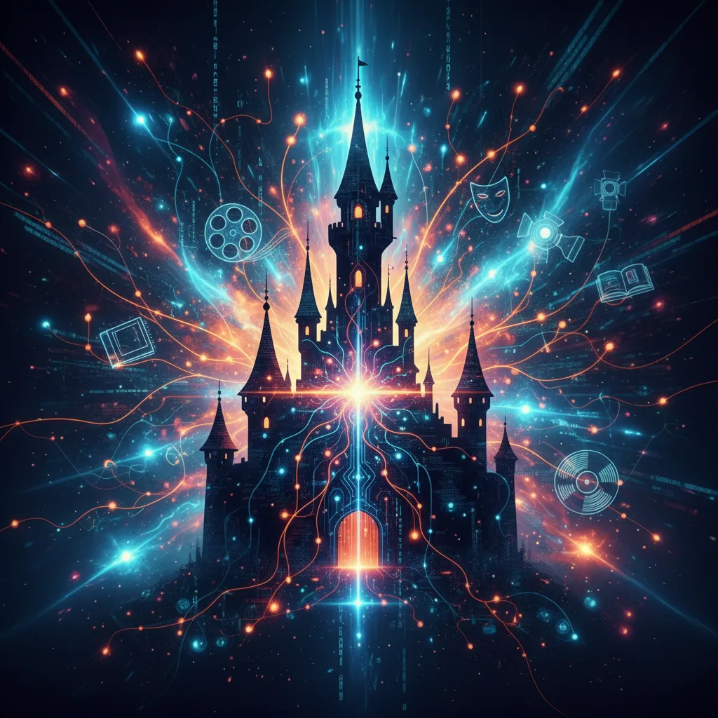 Uma ilustração de um castelo mágico com redes neurais de inteligência artificial sobrepostas, simbolizando a estratégia de conteúdo com IA da Disney.