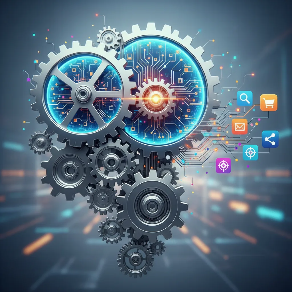 Ilustração de engrenagens e elementos cerebrais representando inteligência artificial e marketing digital em contexto corporativo.