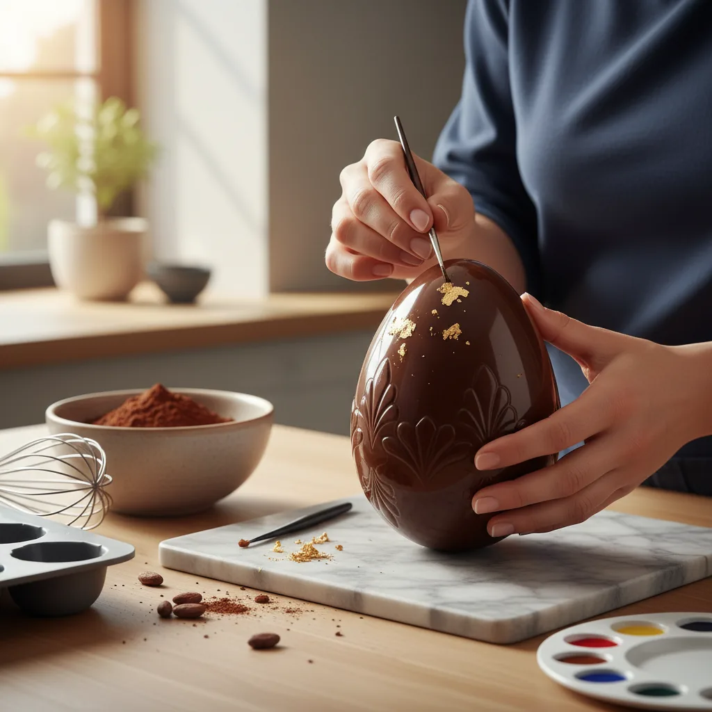 Mulher preparando um ovo de Páscoa de chocolate em sua cozinha como parte de um curso para renda extra.