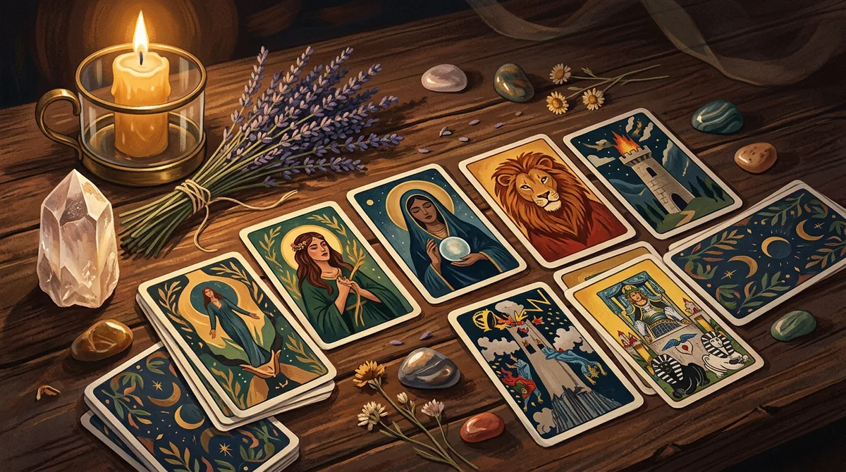 Cartas de tarô místicas sobre uma mesa de madeira com luz de velas suave ao fundo, estilo editorial e esotérico.