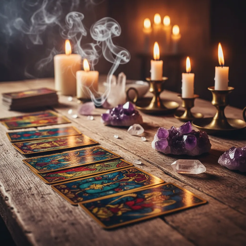 Cartas de tarô místicas sobre mesa de madeira com cristais e luz suave simbolizando a previsão do tarô semanal.