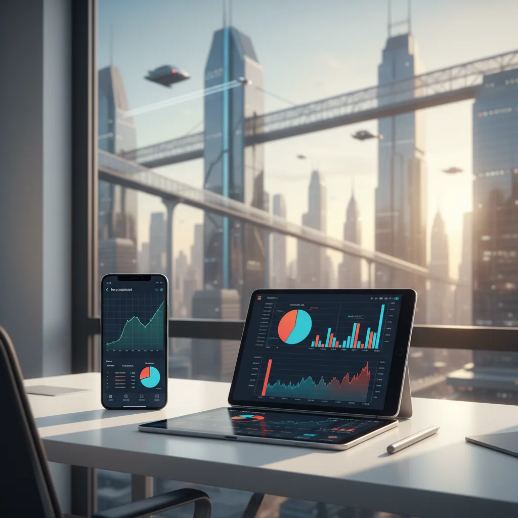 Escritório moderno com telas exibindo gráficos de investimentos e aplicativos financeiros em 2026.