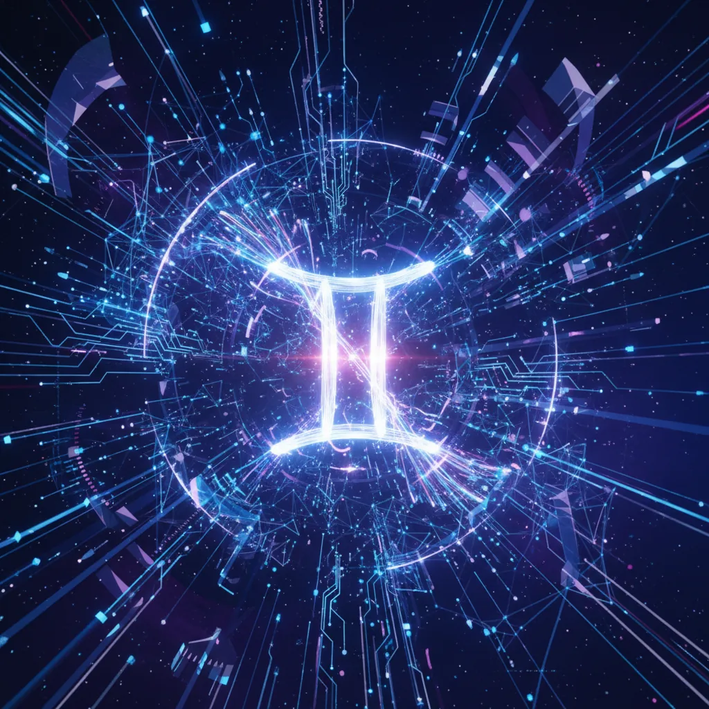 Representação artística da intersecção entre astrologia e tecnologia, mostrando o símbolo de Gêmeos conectado a redes neurais e fluxos de dados digitais.