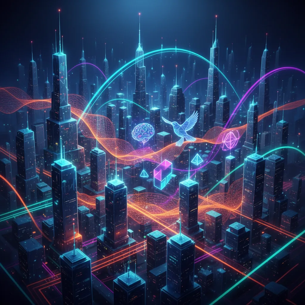 Ilustração abstrata de uma cidade futurista com redes digitais interconectadas e ícones de inteligência artificial, simbolizando ecossistemas de conteúdo.