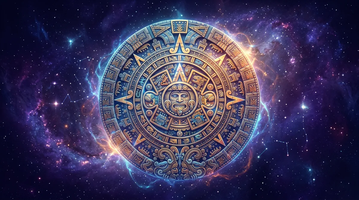 Ilustração artística de um calendário maia sagrado cercado por energias cósmicas e estrelas, simbolizando a astrologia maia em 2026.