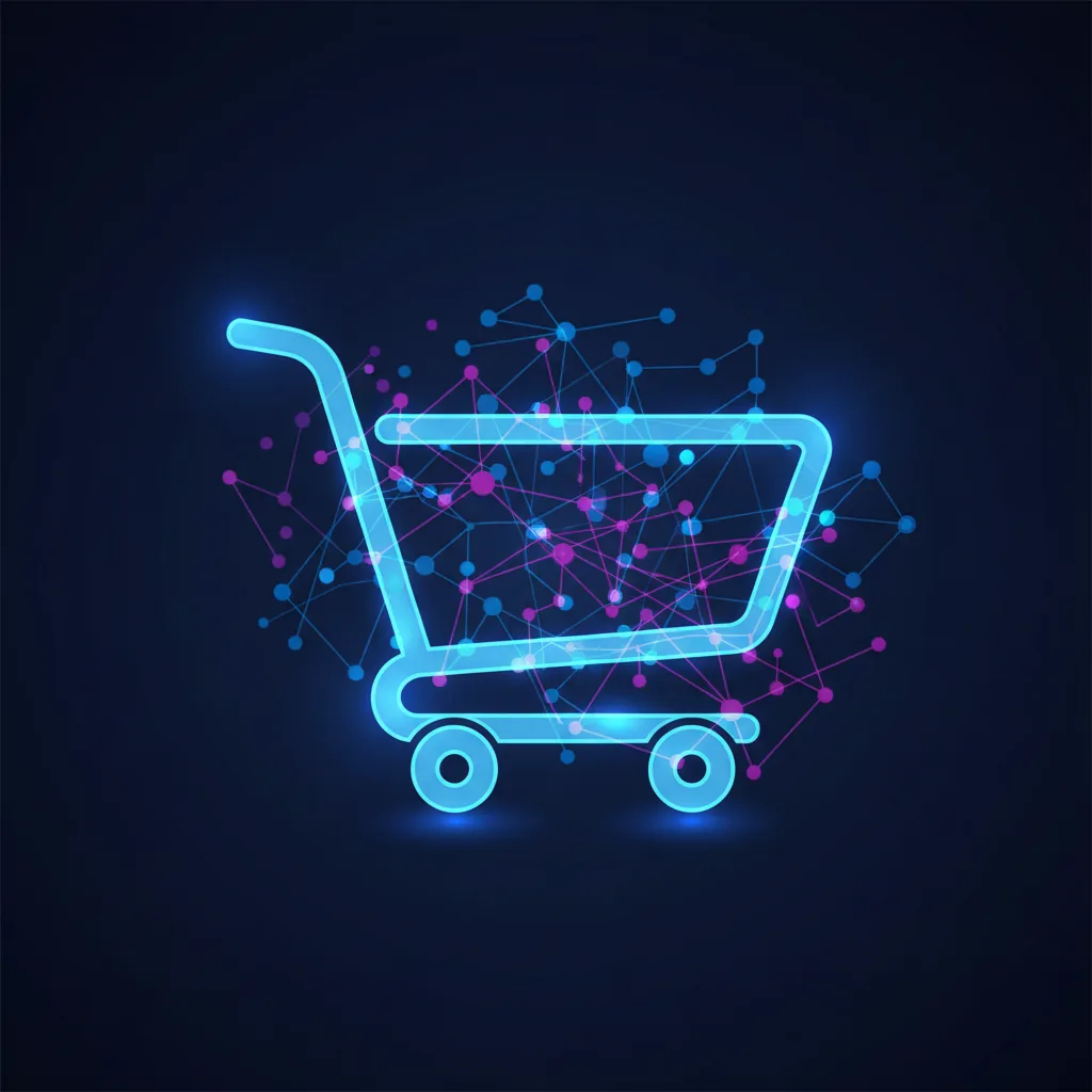 Detalhe de um carrinho de compras digital se fundindo a uma rede neural, ilustrando o conceito de compras pelo ChatGPT.