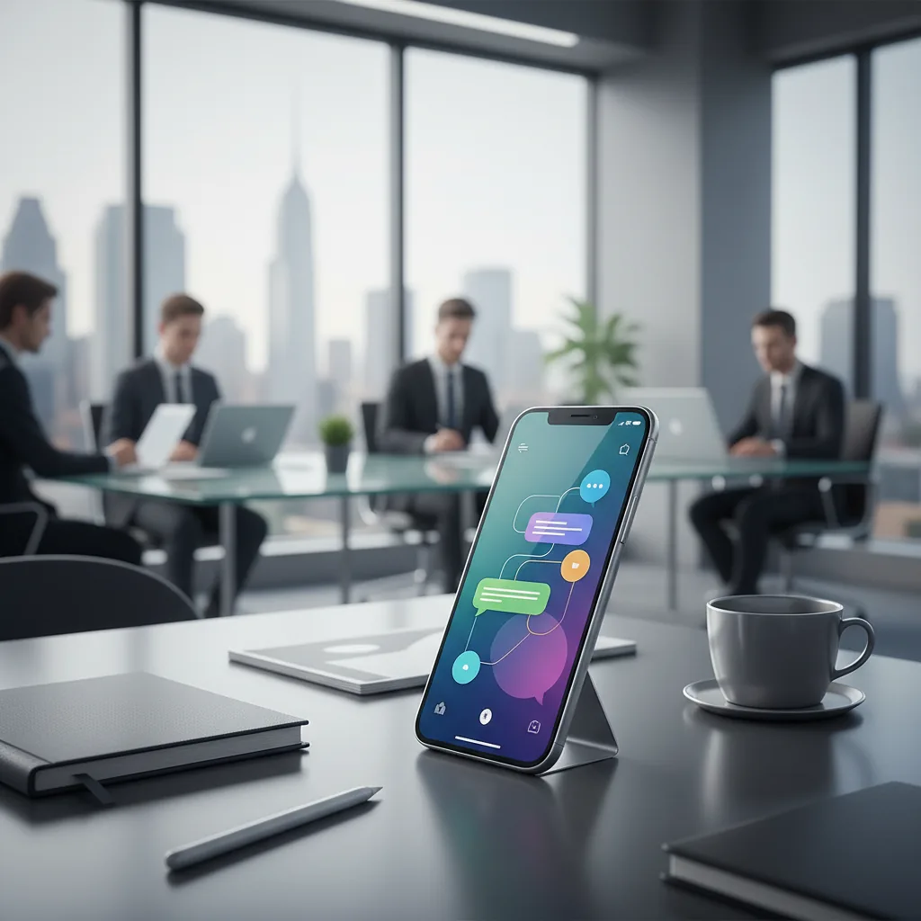 Smartphone em uma mesa de escritório exibindo a interface do app ChatGPT para empresas, ilustrando o uso da IA no ambiente corporativo.