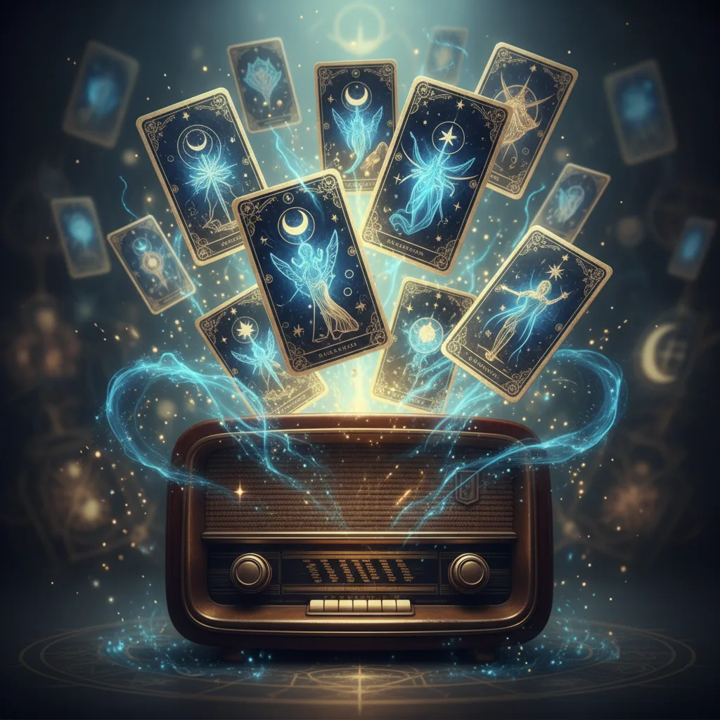 Ilustração mística de cartas de tarô flutuando sobre um rádio antigo com energias vibrantes emanando em azul e dourado.