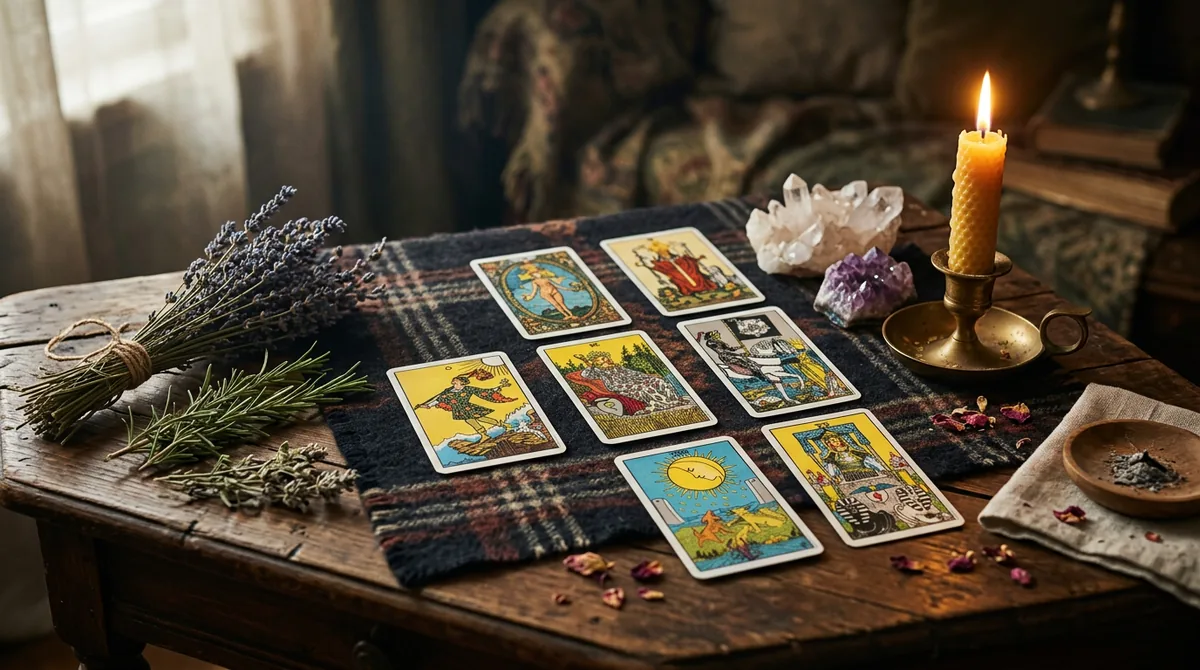 Cartas de tarô dispostas em uma mesa de madeira com velas acesas e ervas naturais para ritual de mudança de energia.