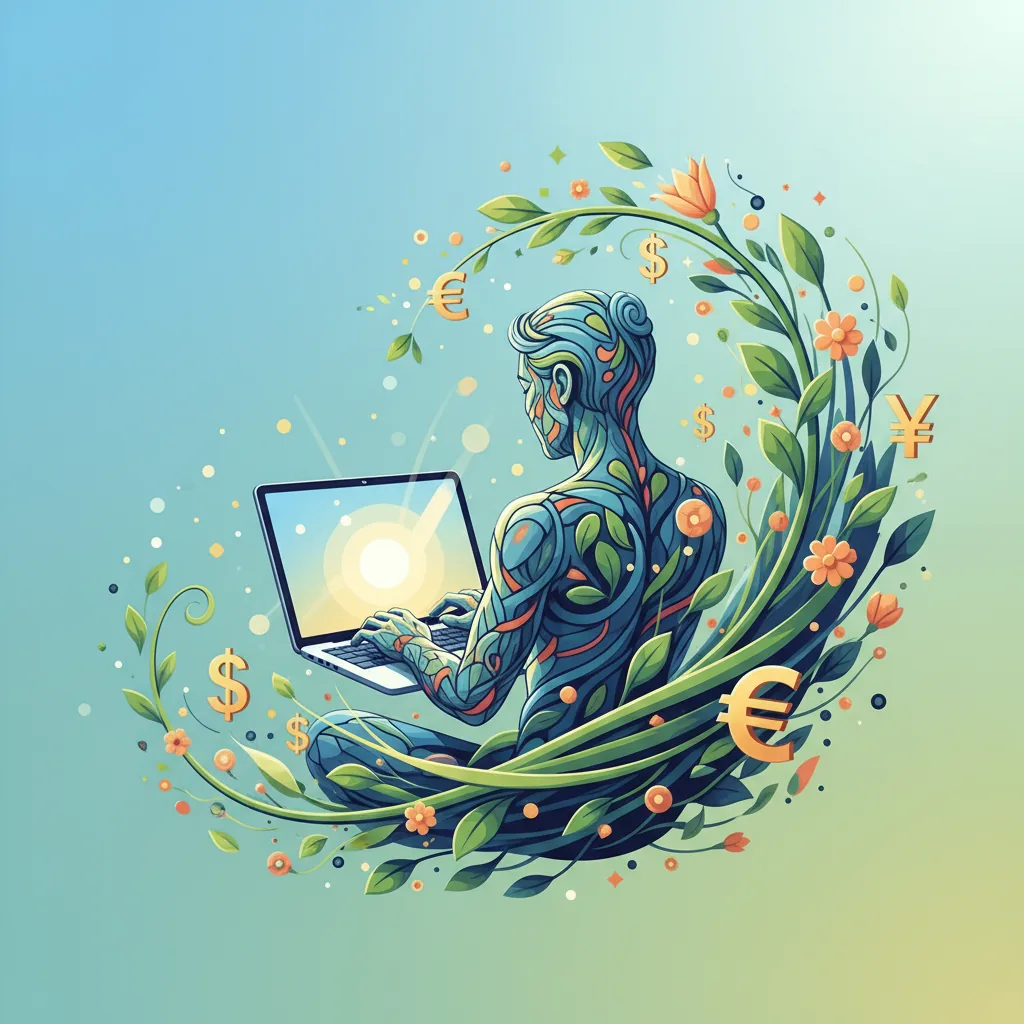 Pessoa trabalhando no laptop com símbolos de dinheiro e plantas crescendo, ilustrando renda extra online